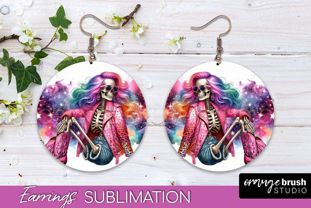 Cowgirl Earrings, Halloween Skeleton Round Earrings PNG Sublimation OrangeBrushStudio 