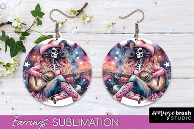 Cowgirl Earrings, Halloween Skeleton Round Earrings PNG Sublimation OrangeBrushStudio 