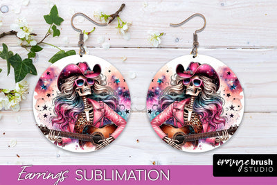 Cowgirl Earrings, Halloween Skeleton Round Earrings PNG Sublimation OrangeBrushStudio 