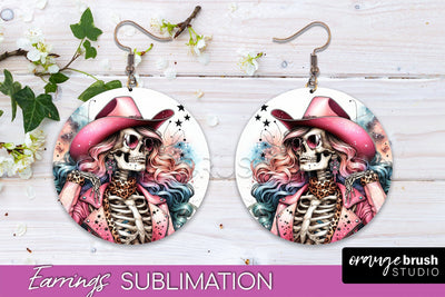 Cowgirl Earrings, Halloween Skeleton Round Earrings PNG Sublimation OrangeBrushStudio 