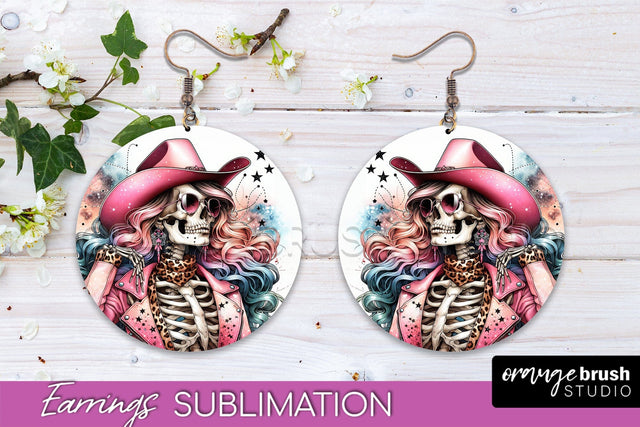 Cowgirl Earrings, Halloween Skeleton Round Earrings PNG Sublimation OrangeBrushStudio 
