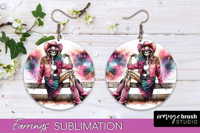 Cowgirl Earrings, Halloween Skeleton Round Earrings PNG Sublimation OrangeBrushStudio 
