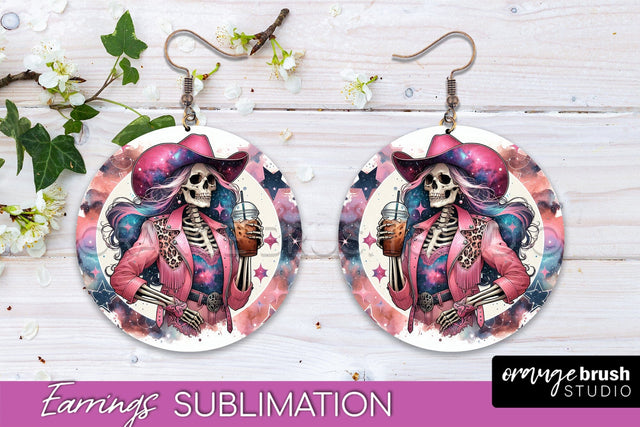 Cowgirl Earrings, Halloween Skeleton Round Earrings PNG Sublimation OrangeBrushStudio 