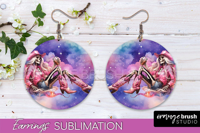 Cowgirl Earrings, Halloween Skeleton Round Earrings PNG Sublimation OrangeBrushStudio 