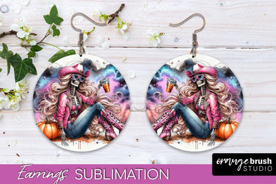 Cowgirl Earrings, Halloween Skeleton Round Earrings PNG Sublimation OrangeBrushStudio 