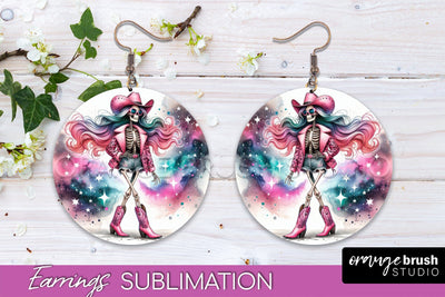 Cowgirl Earrings, Halloween Skeleton Round Earrings PNG Sublimation OrangeBrushStudio 
