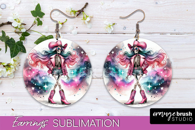 Cowgirl Earrings, Halloween Skeleton Round Earrings PNG Sublimation OrangeBrushStudio 