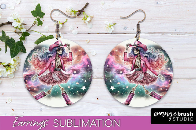 Cowgirl Earrings, Halloween Skeleton Round Earrings PNG Sublimation OrangeBrushStudio 