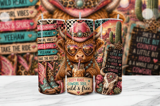 Cowgirl Highland Cow Tumbler Wrap PNG Sublimation BijouBay 