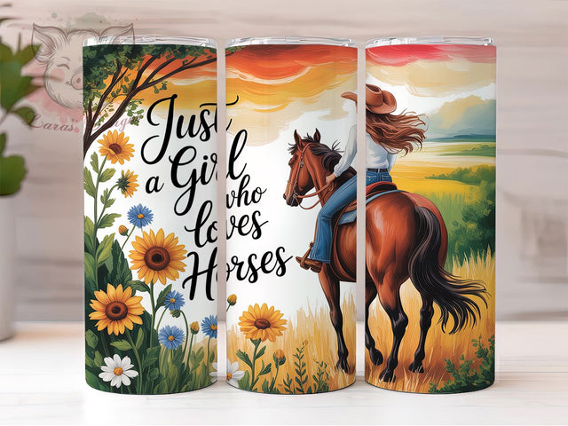 Cowgirl Loves Horses Charm 20oz Tumbler, Charming Cowgirl, Long Flowing Hair, Equestrian Theme, Horse Lover, 20oz Tumbler Wrap, Sublimation PNG Sublimation Lara' s Designs 