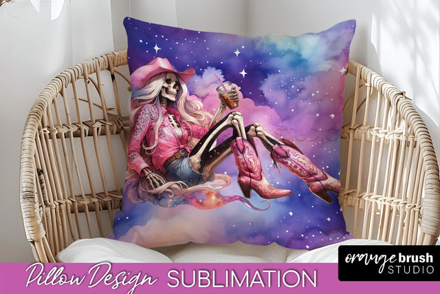 Cowgirl Pillow Sublimation - Halloween Skeleton Pillow Cover Sublimation OrangeBrushStudio 