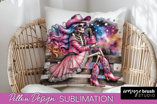 Cowgirl Pillow Sublimation - Halloween Skeleton Pillow Cover Sublimation OrangeBrushStudio 