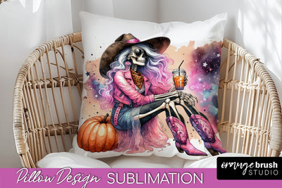 Cowgirl Pillow Sublimation - Halloween Skeleton Pillow Cover Sublimation OrangeBrushStudio 