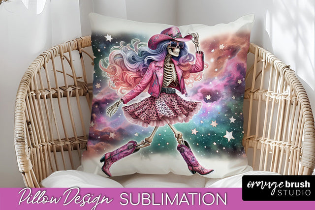 Cowgirl Pillow Sublimation - Halloween Skeleton Pillow Cover Sublimation OrangeBrushStudio 
