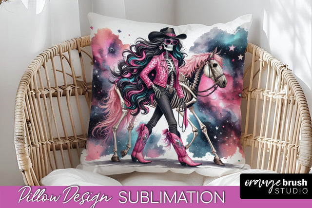 Cowgirl Pillow Sublimation - Halloween Skeleton Pillow Cover Sublimation OrangeBrushStudio 