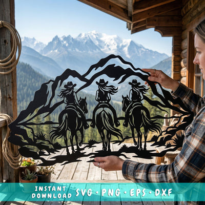 Cowgirl Trio Laser SVG, Horse Rider Scene, CNC Plasma Cut File, Metal Wall Art DXF, Rustic Ranch Decor Laser Cut Design, Western Laser Art SVG HappyDesignStudio 