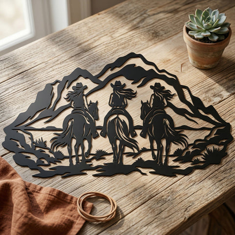 Cowgirl Trio Laser SVG, Horse Rider Scene, CNC Plasma Cut File, Metal Wall Art DXF, Rustic Ranch Decor Laser Cut Design, Western Laser Art SVG HappyDesignStudio 