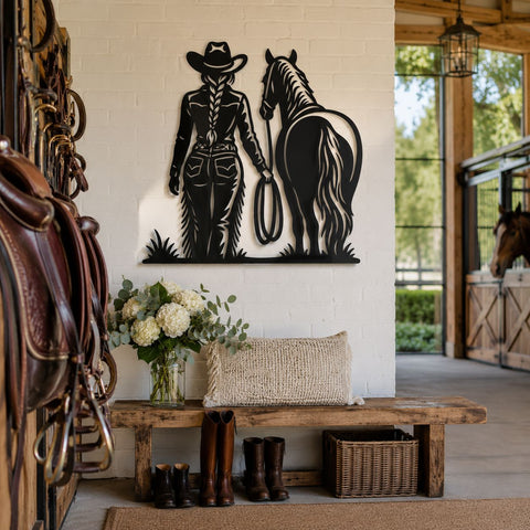 Cowgirl with Horse Laser SVG | Western Metal Wall Art DXF | Cowboy Ranch Plasma Cut File | CNC Laser Cut Svg| Rustic Farmhouse Decor SVG HappyDesignStudio 