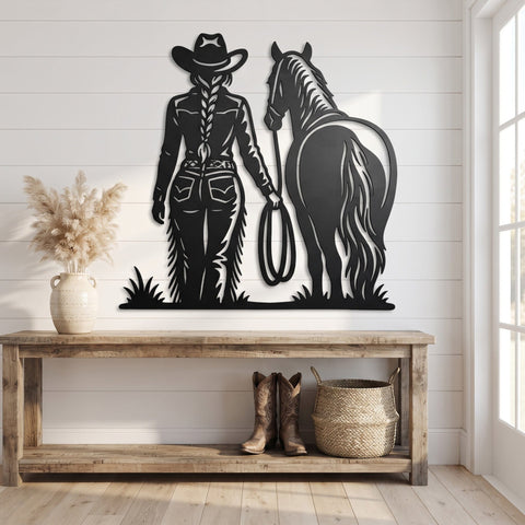 Cowgirl with Horse Laser SVG | Western Metal Wall Art DXF | Cowboy Ranch Plasma Cut File | CNC Laser Cut Svg| Rustic Farmhouse Decor SVG HappyDesignStudio 