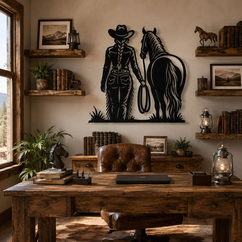 Cowgirl with Horse Laser SVG | Western Metal Wall Art DXF | Cowboy Ranch Plasma Cut File | CNC Laser Cut Svg| Rustic Farmhouse Decor SVG HappyDesignStudio 