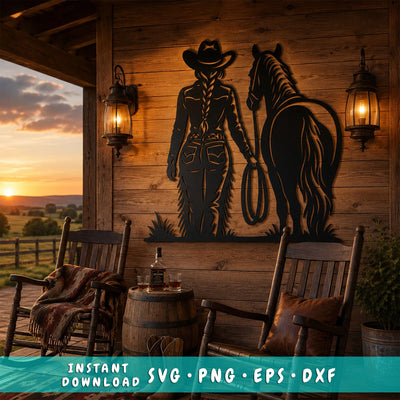 Cowgirl with Horse Laser SVG | Western Metal Wall Art DXF | Cowboy Ranch Plasma Cut File | CNC Laser Cut Svg| Rustic Farmhouse Decor SVG HappyDesignStudio 
