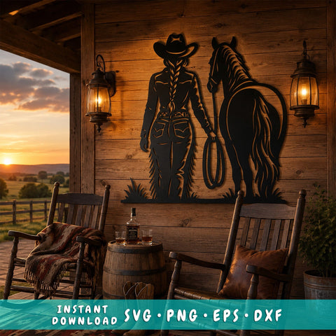 Cowgirl with Horse Laser SVG | Western Metal Wall Art DXF | Cowboy Ranch Plasma Cut File | CNC Laser Cut Svg| Rustic Farmhouse Decor SVG HappyDesignStudio 