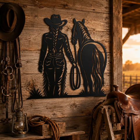 Cowgirl with Horse Laser SVG | Western Metal Wall Art DXF | Cowboy Ranch Plasma Cut File | CNC Laser Cut Svg| Rustic Farmhouse Decor SVG HappyDesignStudio 