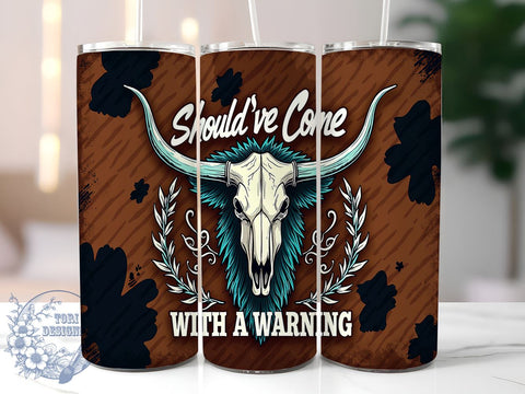 Cowhide Bull Skull Tumbler, Warning Tumbler Wrap, 20oz Sublimation Design, Western Decor, Cow Skull Gift, Digital Download, Rustic Drinkware Sublimation ToriDesigns 