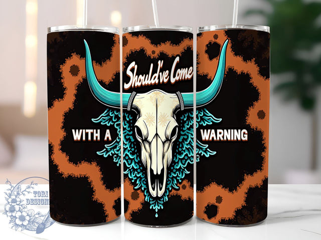 Cowhide Bull Skull Tumbler, Warning Tumbler Wrap, 20oz Sublimation Design, Western Decor, Cow Skull Gift, Digital Download, Rustic Drinkware Sublimation ToriDesigns 