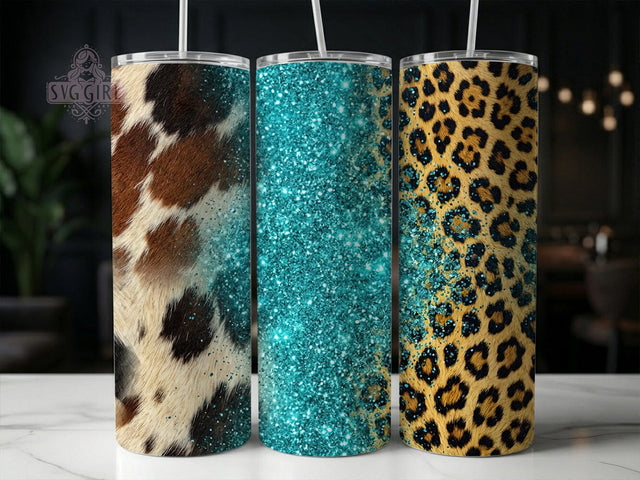 Cowhide Leopard Turquoise Glitter 20oz Tumbler, Cowhide leopard design, Turquoise glitter print, 20oz skinny tumbler, Western tumbler wrap, Sublimation tumbler wrap, Leopard turquoise design Sublimation SvggirlplusArt 