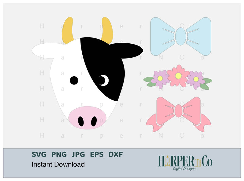 Cows with Bows and Flowers SVG PNG Cut EPS File SVG HarperNCo 