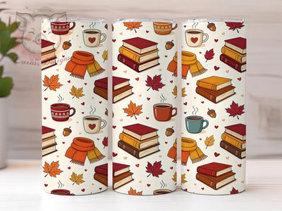 Cozy Autumn Books 20oz Tumbler, Fall Reading, Warm Library, Rustic Pages, Seasonal Comfort, Earthy Tones, Vintage Literature, Sublimation Wrap Sublimation Lara' s Designs 