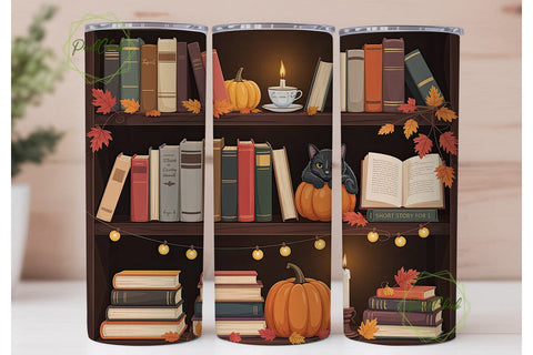 Cozy Autumn Bookshelf 20oz Tumbler Wrap Sublimation PixelChick 