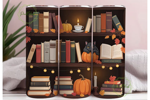 Cozy Autumn Bookshelf 20oz Tumbler Wrap Sublimation PixelChick 