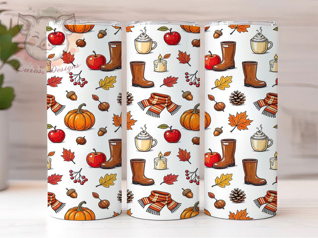 Cozy Autumn Essentials 20oz Tumbler, Autumn Essentials Motif, Cozy Art Design, Rustic Theme, Warm Accent, Seasonal Charm, Sublimation Wrap, 20oz Tumbler Sublimation Lara' s Designs 