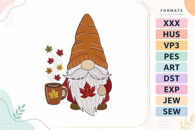 Cozy Autumn Gnome with Coffee Mug Embroidery Design Embroidery/Applique DESIGNS sg embroidery 