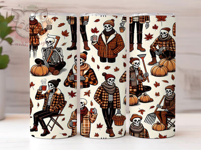 Cozy Autumn Pumpkin Skeleton Tumbler, Autumn Flannel Cup, 20Oz Skinny Tumbler Wrap, Pumpkin Leaves Sublimation, Cute Skeleton Fall Drinkware, Autumn Cozy Gift Idea Sublimation Lara' s Designs 