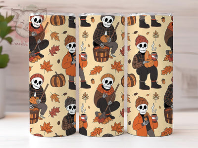 Cozy Autumn Pumpkin Skeleton Tumbler, Autumn Flannel Cup, 20Oz Skinny Tumbler Wrap, Pumpkin Leaves Sublimation, Cute Skeleton Fall Drinkware, Autumn Cozy Gift Idea Sublimation Lara' s Designs 