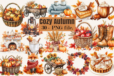 Cozy Autumn Watercolor Clipart PNG Bundle Sublimation SVGArt 