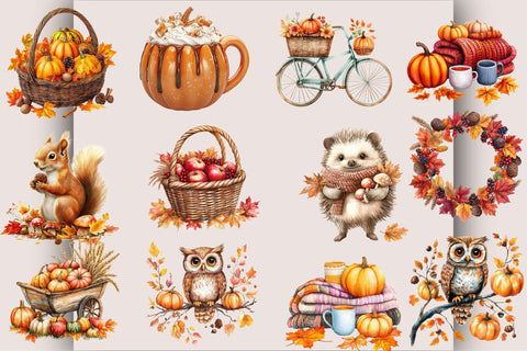 Cozy Autumn Watercolor Clipart PNG Bundle Sublimation SVGArt 