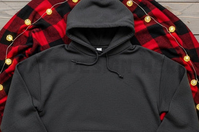 Cozy black hoodie with plaid blanket Mock Up Photo Designangry 
