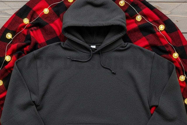 Cozy black hoodie with plaid blanket Mock Up Photo Designangry 