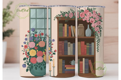 Cozy Bookshelf Window Tumbler Wrap PNG Sublimation PixelChick 