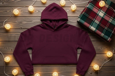 Cozy burgundy cropped hoodie with plaid scarf Mock Up Photo Designangry 