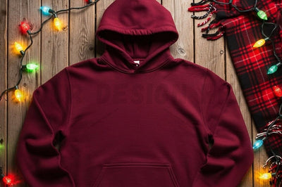 Cozy burgundy hoodie with festive christmas lights Mock Up Photo Designangry 