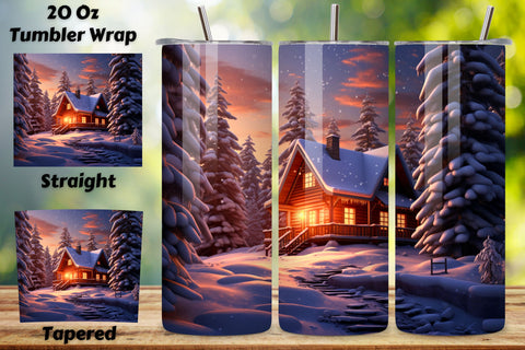 Cozy Cabin in the Snow Tumbler Wrap | winter camping Tumbler Sublimation FloridPrintables 