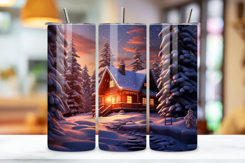Cozy Cabin in the Snow Tumbler Wrap | winter camping Tumbler Sublimation FloridPrintables 
