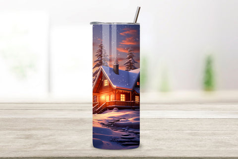 Cozy Cabin in the Snow Tumbler Wrap | winter camping Tumbler Sublimation FloridPrintables 