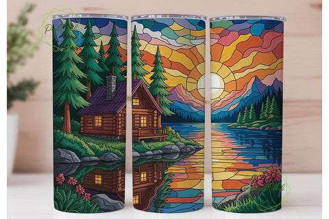Cozy Cabin Sunset 20oz Tumbler Wrap Sublimation PixelChick 