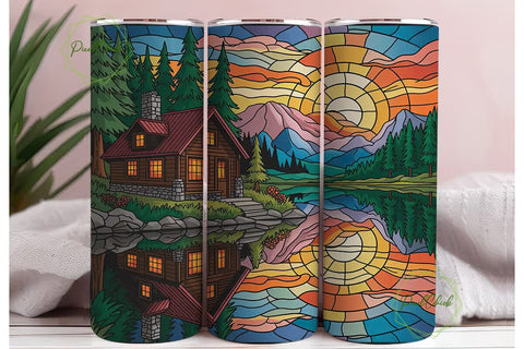 Cozy Cabin Sunset 20oz Tumbler Wrap Sublimation PixelChick 